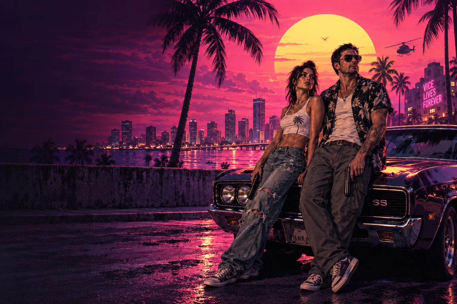 Illustrated outlaw partners with a chrome muscle car in a Miami skyline that changes with local time