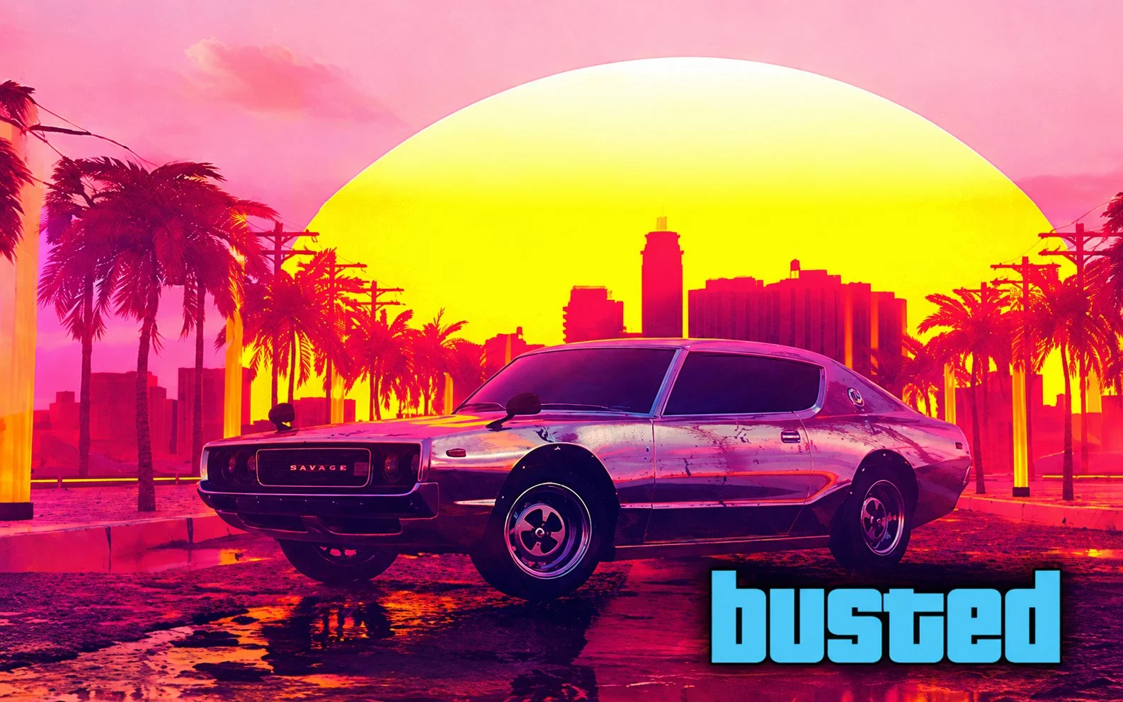 Chrome getaway car beneath a synthwave sky that changes from sunset to moonlight