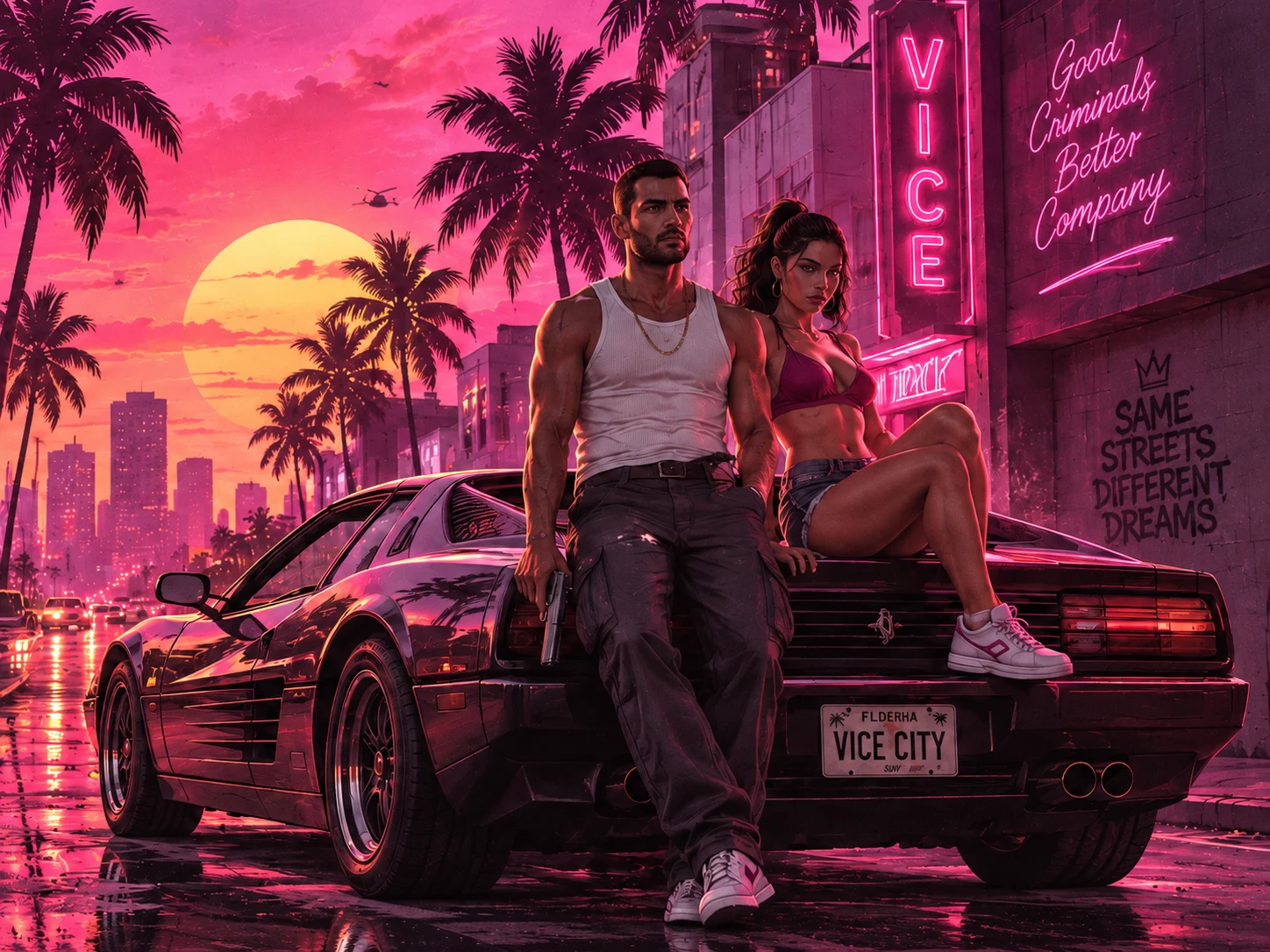 Two outlaw partners beside a black sports car on a neon-lit palm boulevard